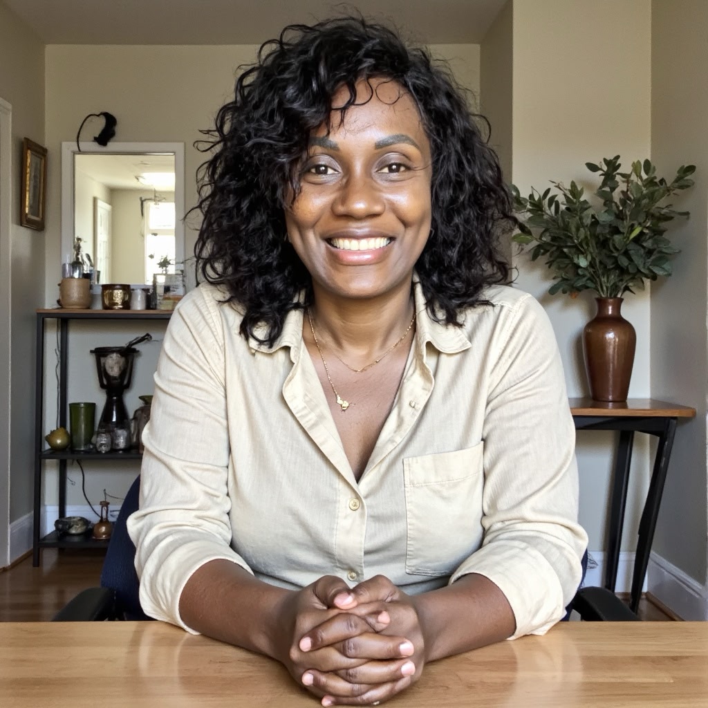 Milena Santana sorrindo, sentada à mesa