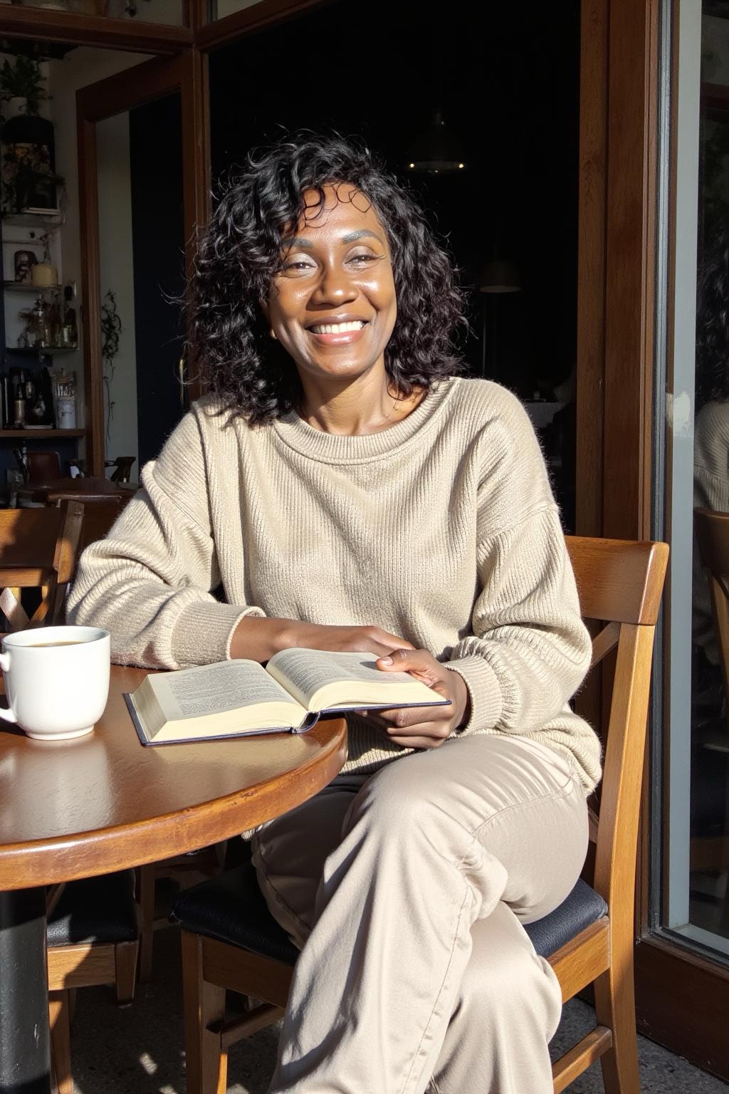 Milena Santana em um momento de pausa, com um livro e um café
